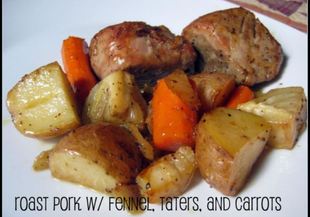 Печено свинско филе с резене, картофи и моркови