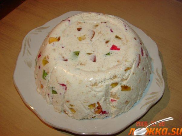 сметанова торта с парчета шарено желе